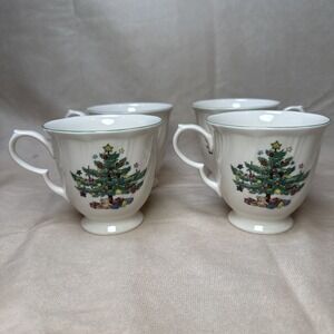 4 Vintage Nikko Japan Happy Holidays Scalloped Handle  Tea Cups Christmas DISC'D